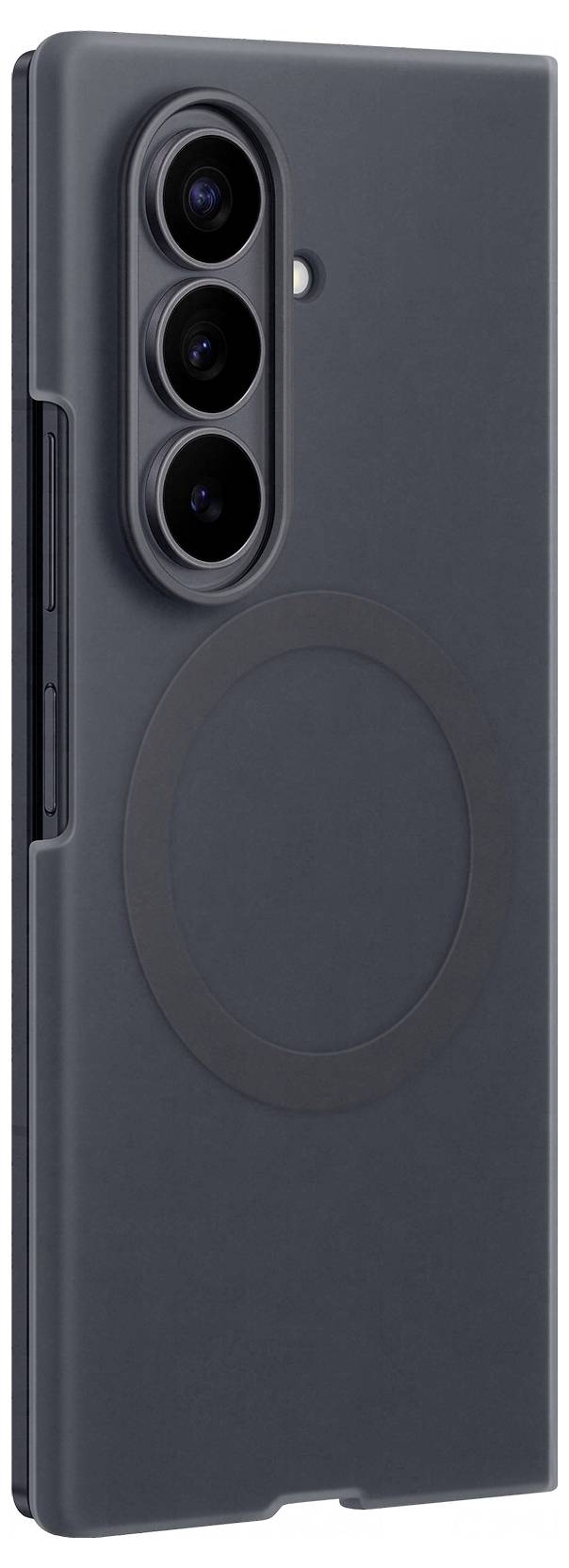 Custodia per smartphone grigio scuro con ritaglio per tripla fotocamera posteriore e anello MagSafe circolare sul retro.