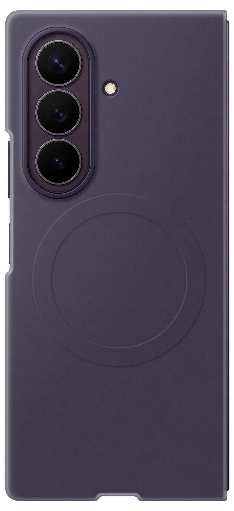 Vista posteriore di una custodia per smartphone viola con ritaglio tripla fotocamera e design ad anello di ricarica wireless circolare.