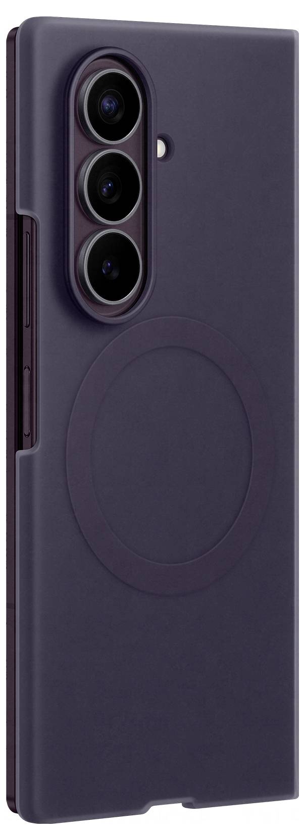Custodia per smartphone viola con tre fori per le fotocamere posteriori e un grande design con anello magnetico circolare per la ricarica