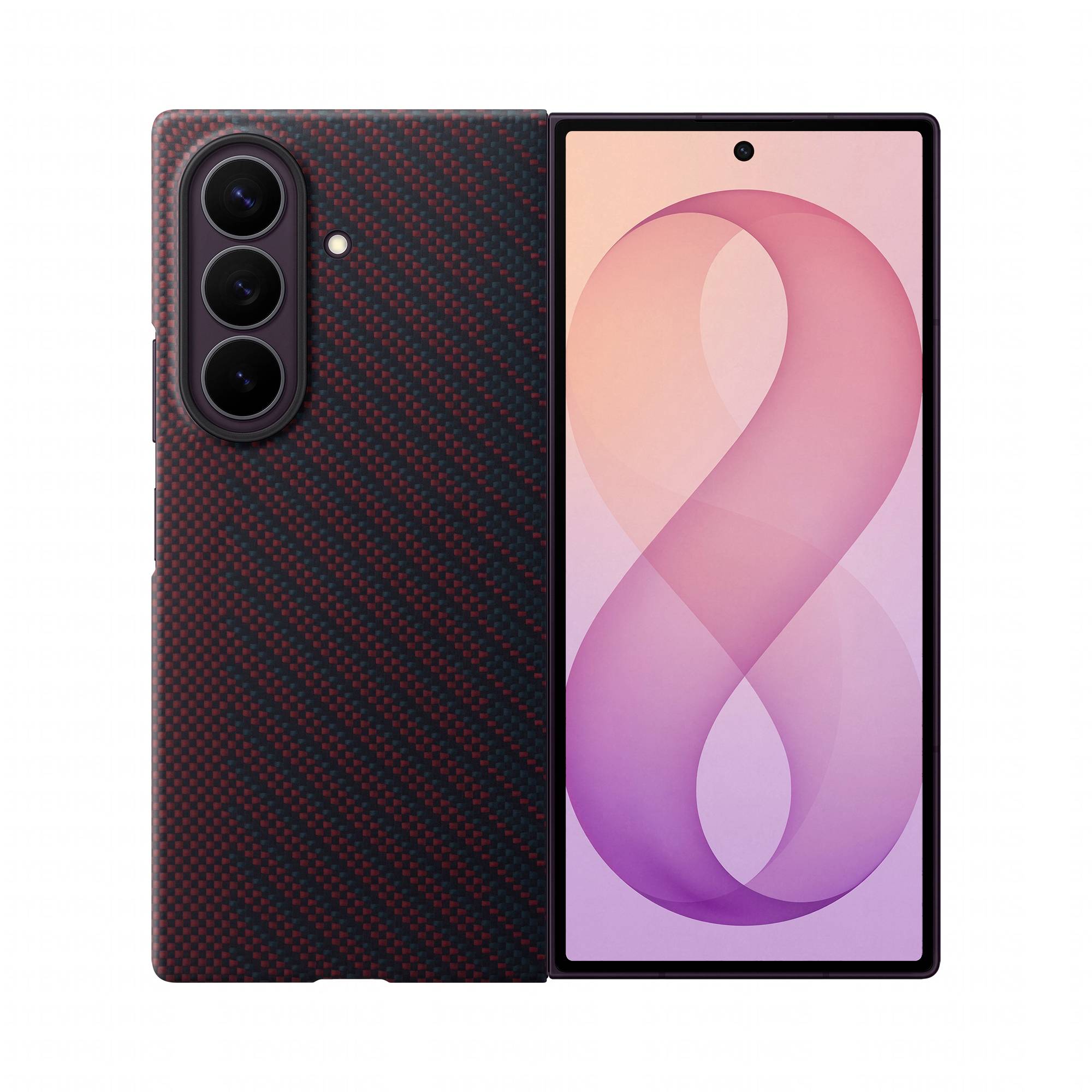 Smartphone mostrato da davanti e dietro: il display frontale con sfondo astratto rosa-viola e fotocamera punch-hole centrata; il retro presenta una custodia con texture rosso-nera e triple fotocamere posteriori.