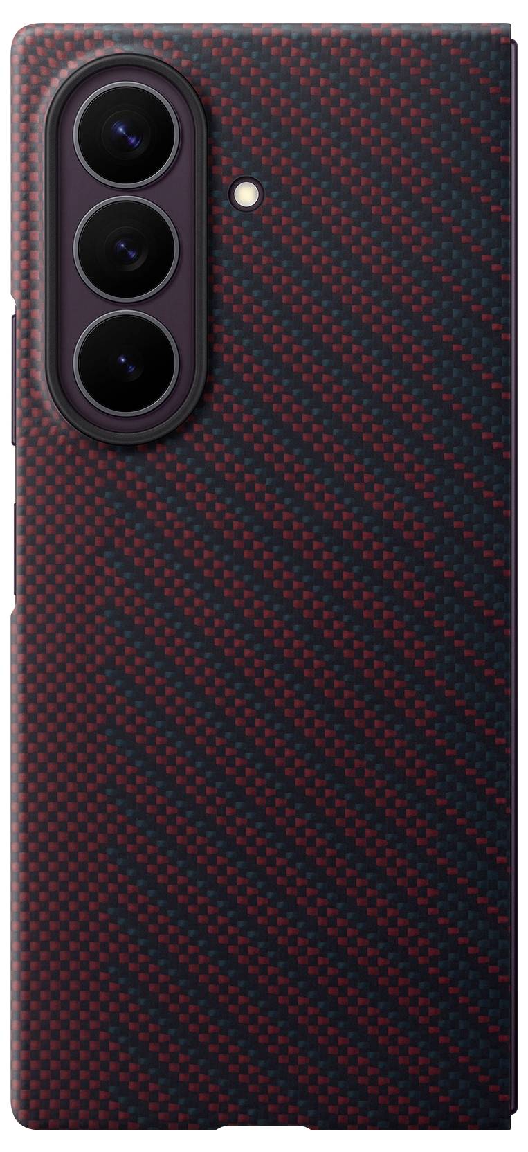 Retro di uno smartphone con una custodia rossa e nera con texture e tre fotocamere posteriori verticali, più un piccolo flash.