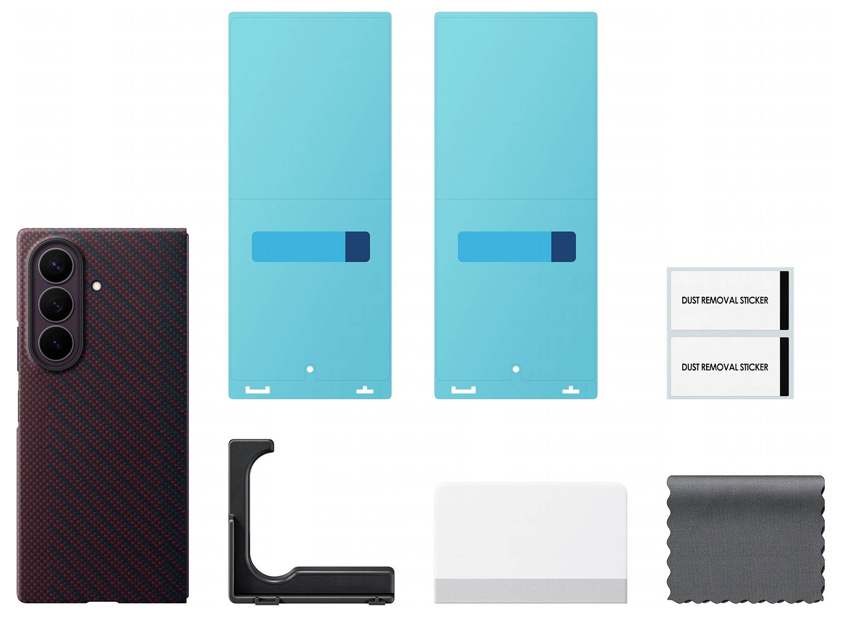 Kit di accessori per smartphone: custodia per telefono in stile fibra di carbonio, due pellicole protettive blu per lo schermo, adesivi per la rimozione della polvere, un supporto di installazione, una scheda bianca e un panno per la pulizia.