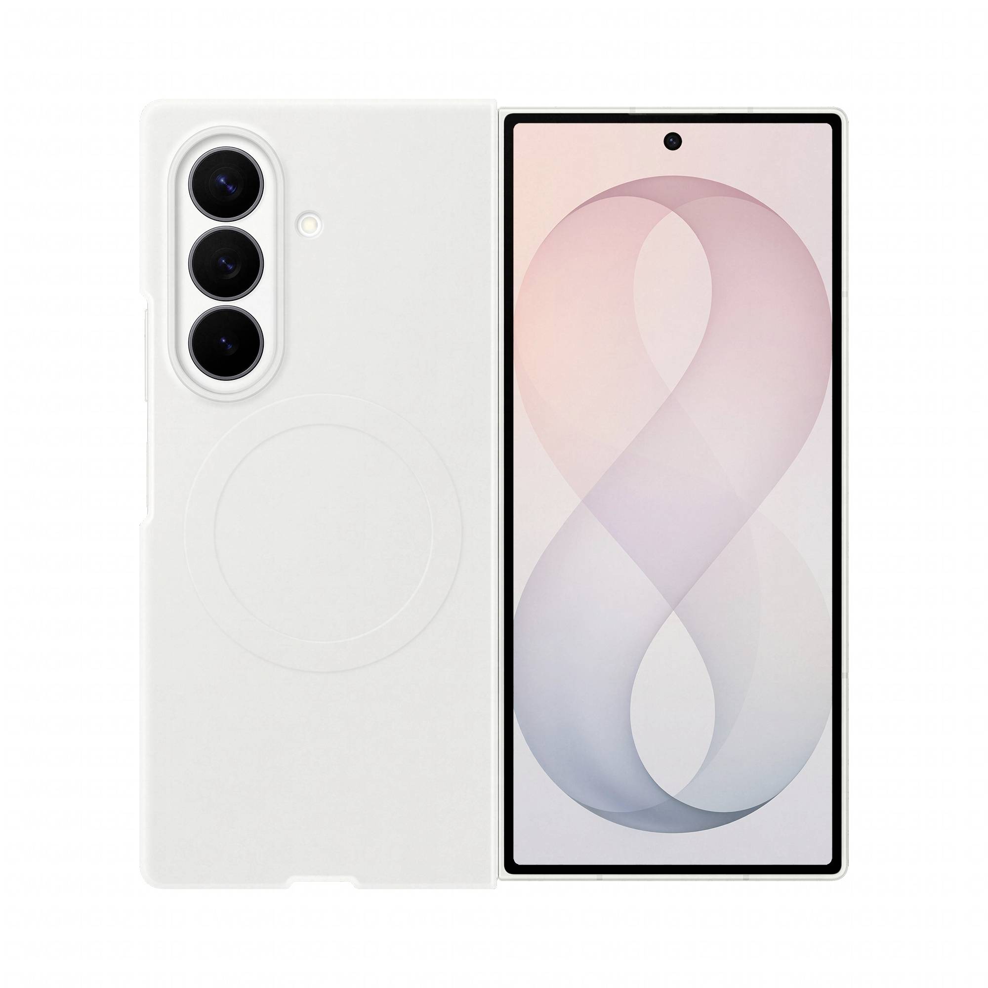 Smartphone bianco mostrato da davanti e da dietro, con tripla fotocamera posteriore verticale e sfondo astratto rosa pallido sul display.