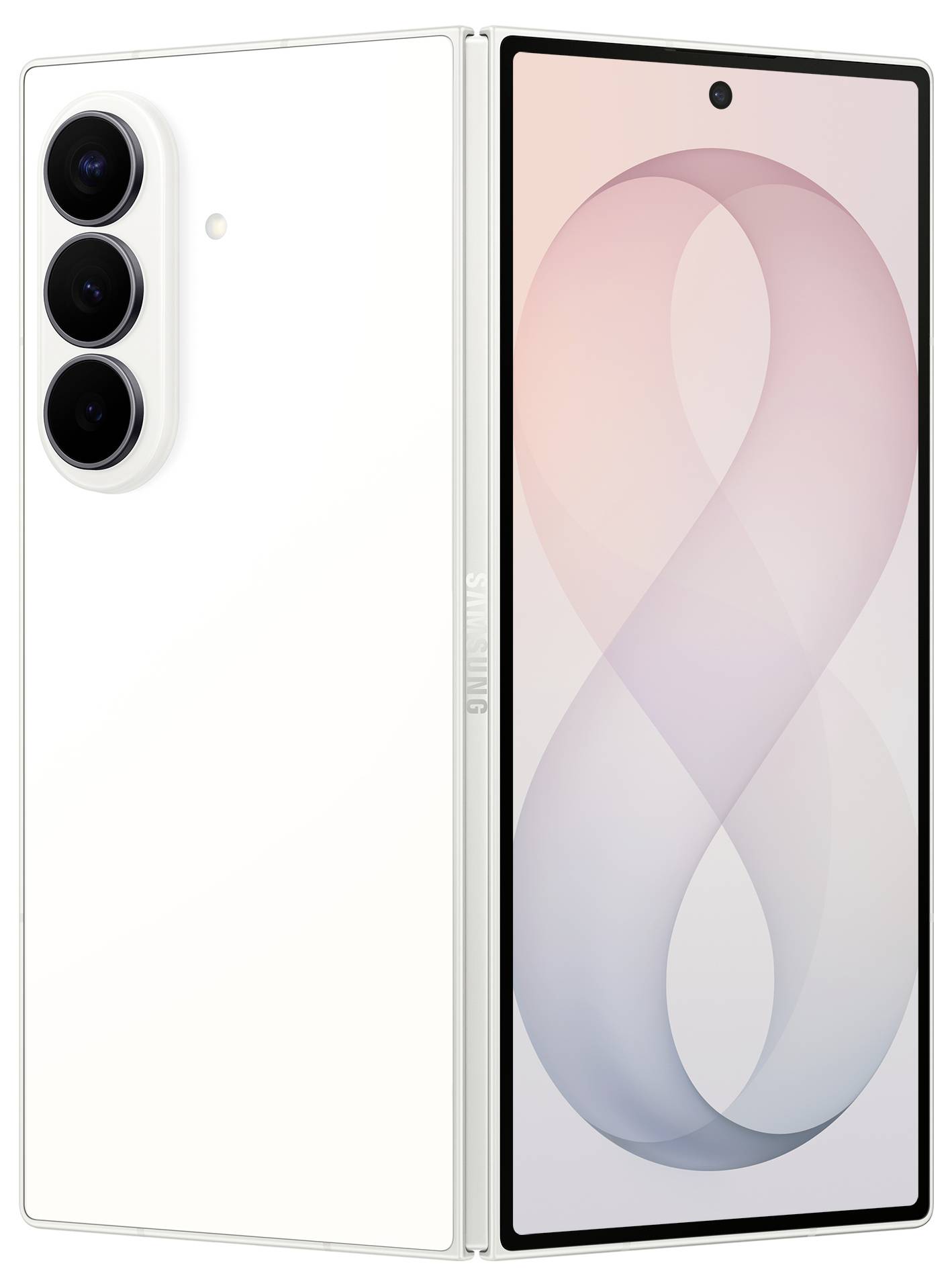 Uno smartphone Samsung Galaxy Z Fold bianco mostrato aperto, con una tripla fotocamera posteriore sul pannello sinistro e uno sfondo astratto pastello sul display pieghevole.