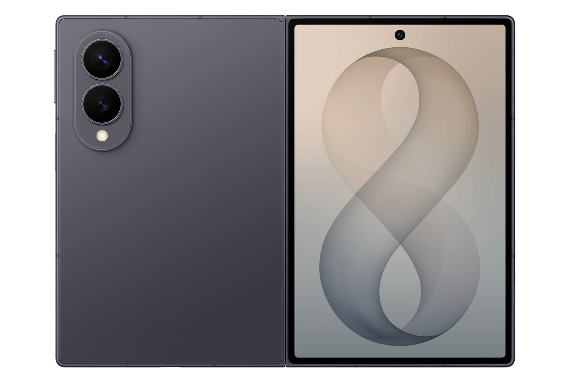 Vista frontale e posteriore di uno smartphone Samsung Galaxy grigio scuro con doppia fotocamera posteriore e uno sfondo in stile infinity sul display.