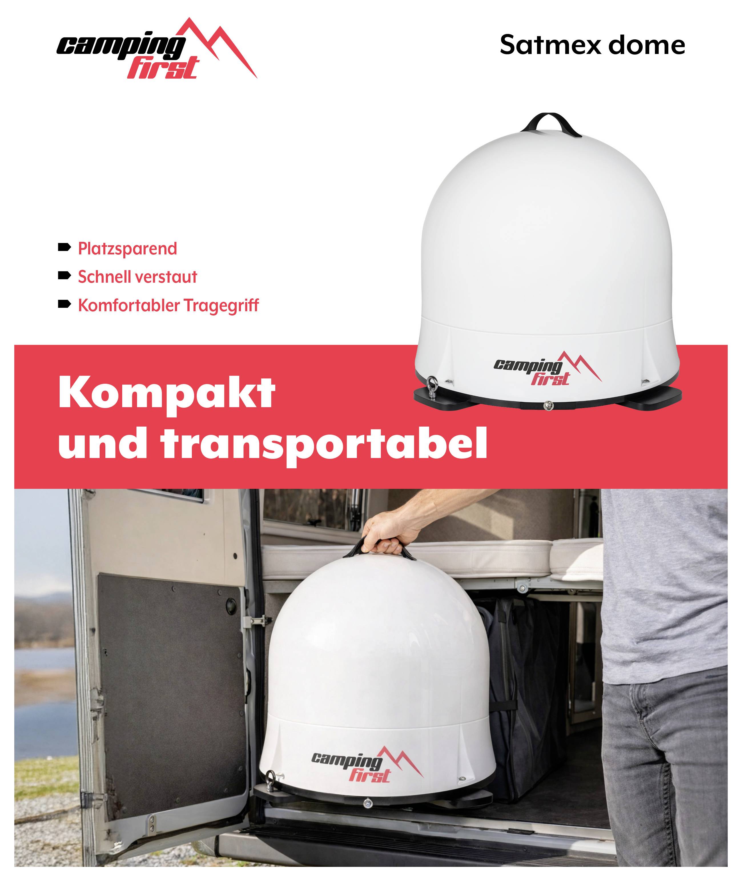 Annuncio pubblicitario per il "Satmex dome" di "Camping First", cupola satellitare portatile, con punti elenco "Risparmia spazio", "Riposto rapidamente" e "Pratico manico di trasporto", e una persona che la carica in un veicolo.