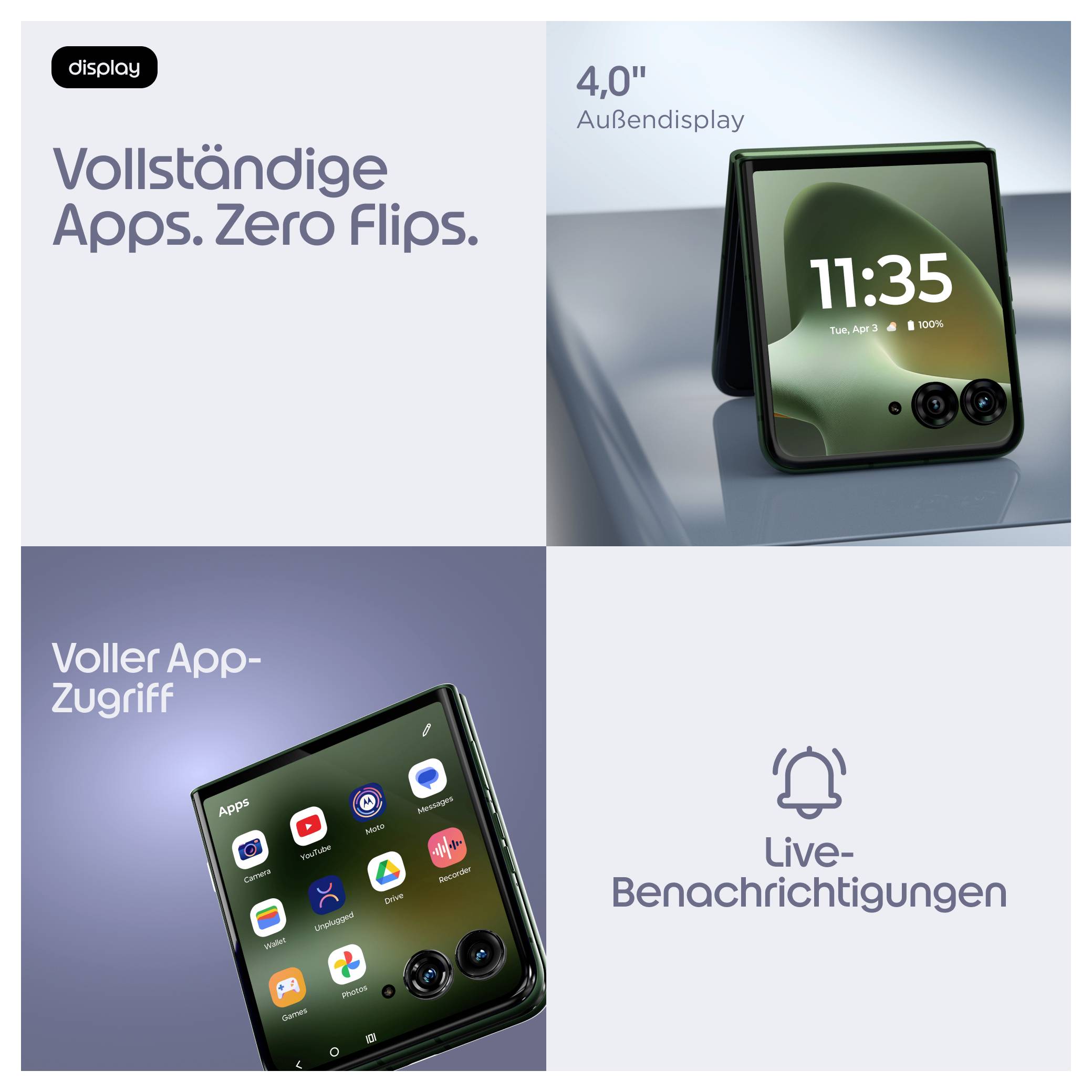 Annuncio di telefono pieghevole che mostra un display esterno da 4,0 pollici, accesso completo alle app e notifiche in tempo reale con testo italiano: 'App complete. Zero pieghe.'