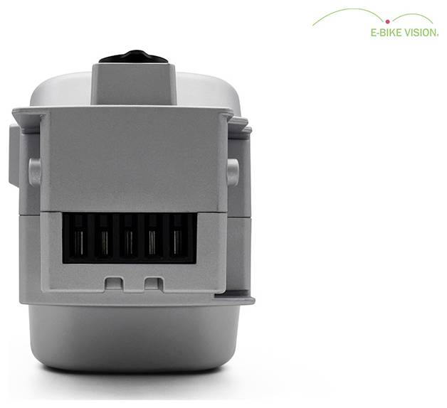 Pacco batteria per bicicletta elettrica grigio mostrato da vista frontale, con porte di connettore visibili e logo 'E-BIKE VISION' in alto a destra.