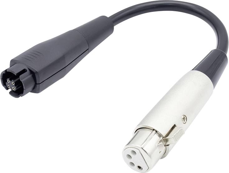 Un adattatore di cavo nero con un connettore femmina multiplo su un'estremità e un connettore circolare a 3 pin argentato sull'altra estremità.