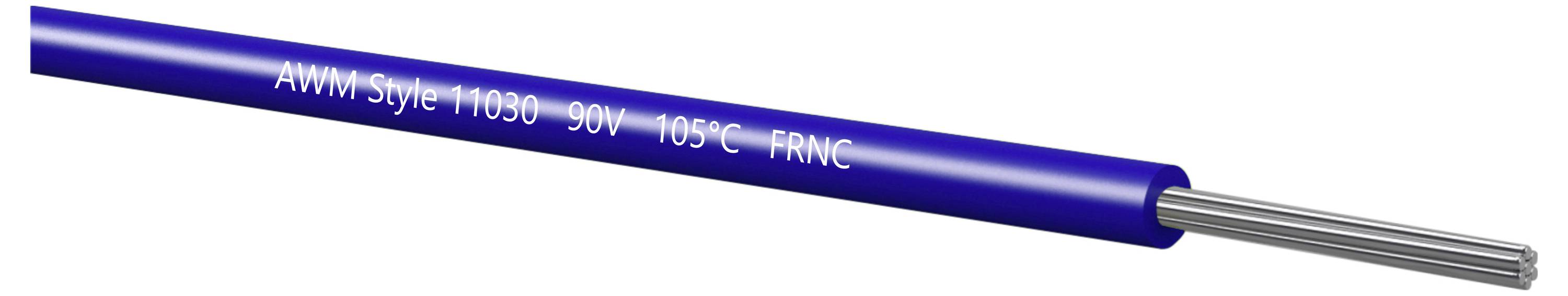 Cavo isolato blu etichettato 'AWM Style 11030 90V 105C FRNC' con conduttori interni in treccia d'argento esposti all'estremità tagliata.