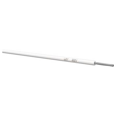 Cavo elettrico bianco etichettato "L45V 600V" con fili interni esposti che si estendono dall'estremità tagliata.