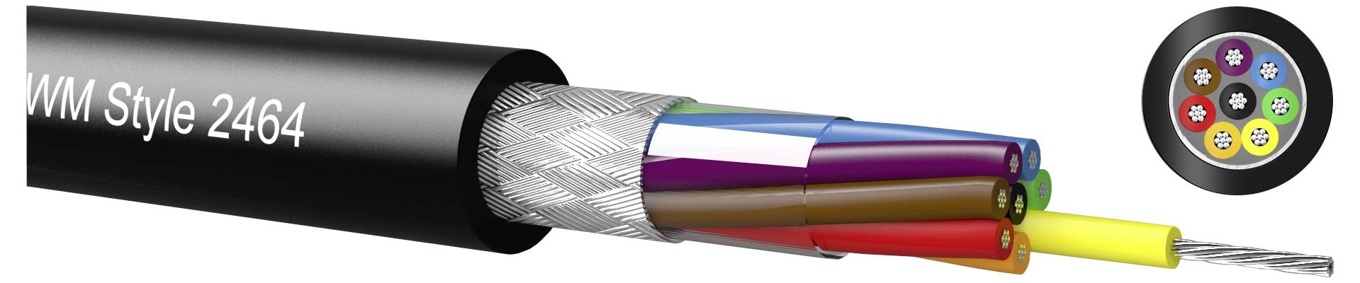 Sezione trasversale di un cavo multiconduttore etichettato "WWM Style 2464", che mostra fili isolati colorati e schermatura intrecciata all'interno di una guaina esterna nera.