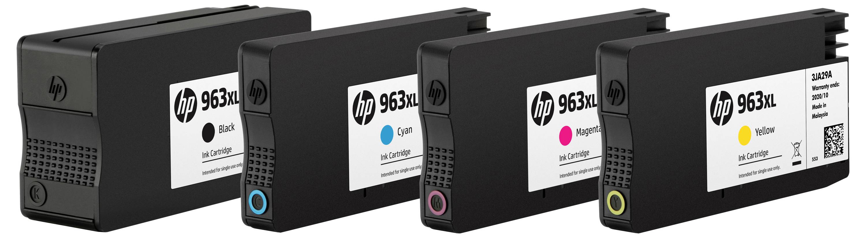 Quattro cartucce di inchiostro per stampante HP 963XL in nero, ciano, magenta e giallo, mostrate affiancate con etichette visibili.