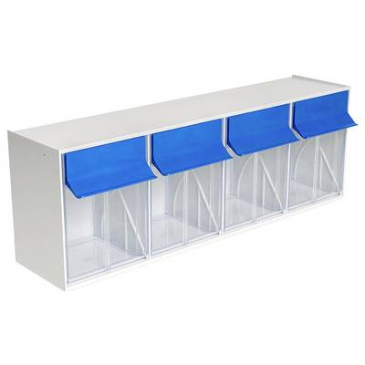 Unità di contenitore di stoccaggio in plastica trasparente con quattro scomparti estraibili e coperchi blu inclinabili su un telaio bianco.