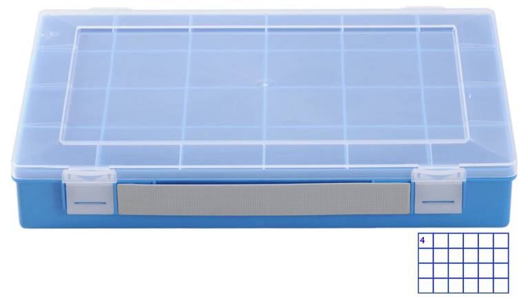 Scatola di stoccaggio in plastica blu con coperchio trasparente e fermi, mostrata chiusa su sfondo bianco.