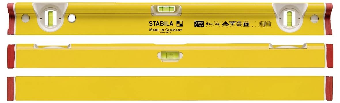 Tre livelle a spirito gialle mostrate impilate orizzontalmente, con la livella superiore marchiata STABILA e dotata di tre fiale con bolle e copriestremità.