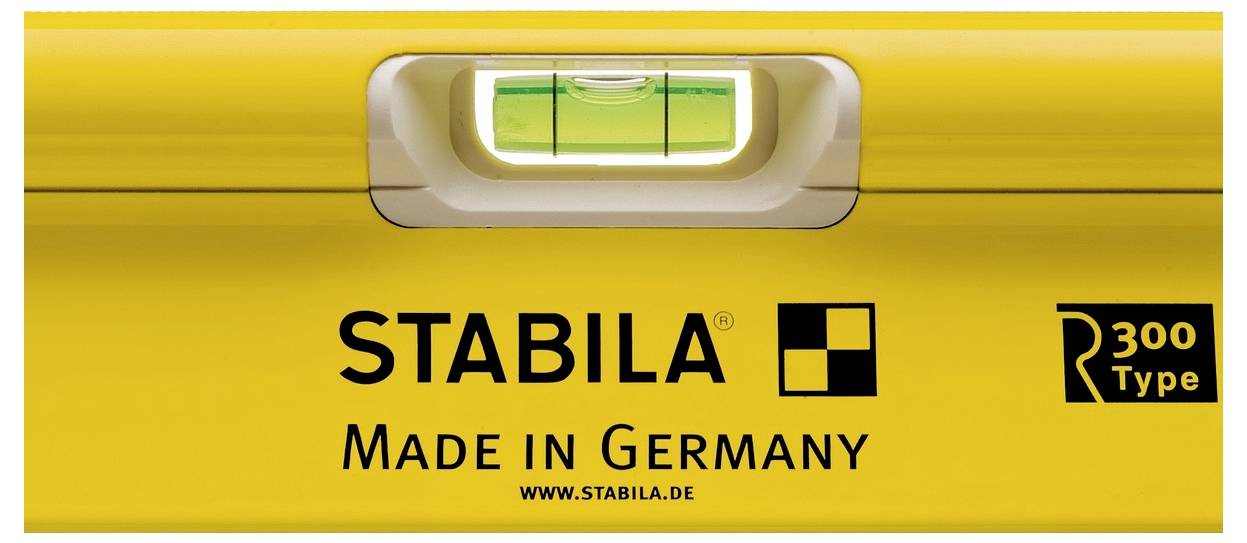 Livella a bolla STABILA gialla con ampolla centrale a bolla, logo e testo "Made in Germany" e "300 Type".