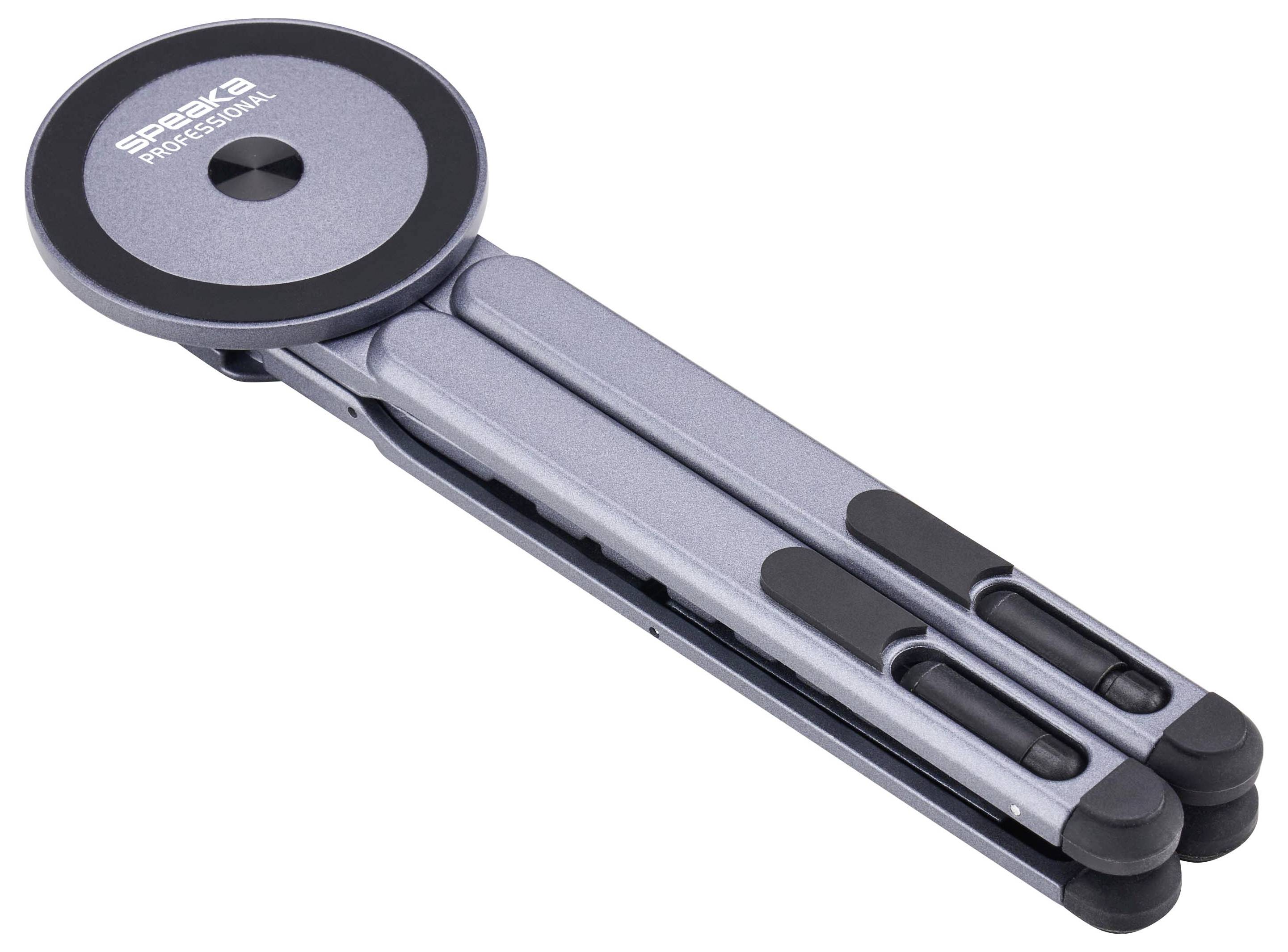 Treppiede portatile compatto pieghevole con supporto magnetico rotondo per telefono e tre gambe collassabili, mostrato su sfondo bianco.