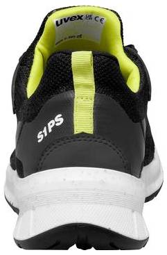 Vista posteriore di una sneaker di sicurezza Uvex S1P nera e giallo neon con suola bianca.