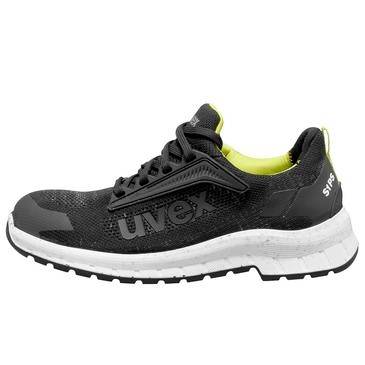 Scarpa da lavoro atletica UVEX nera con suola bianca e fodera giallo neon, mostrata in vista laterale su sfondo bianco.
