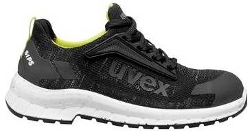 Sneaker di sicurezza Uvex nero con taglio basso, suola bianca e lacci, mostrato in vista laterale su sfondo neutro.