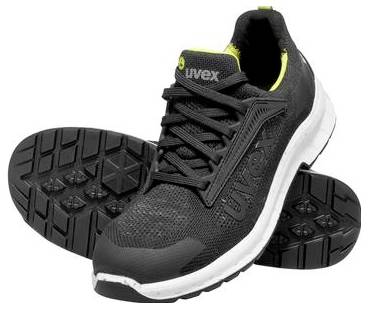 Scarpa da lavoro atletica Uvex nera con suola bianca e battistrada in rilievo, mostrata lateralmente con la suola esterna visibile.