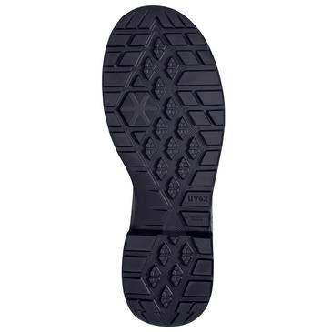 Suola di scarpa in gomma nera mostrata su uno sfondo bianco, con un motivo di presa testurizzato e il profilo da tallone a punta visibile.