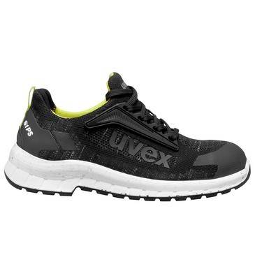 Sneaker da lavoro bassa nera con suola bianca e fodera gialla, con marchio "uvex" e "S1PS" sul tallone.
