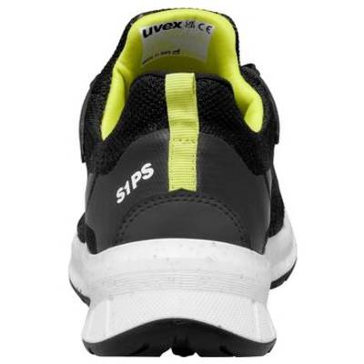 Vista posteriore di una scarpa di sicurezza uvex S1 P nera e giallo neon con suola bianca e linguetta di trazione.