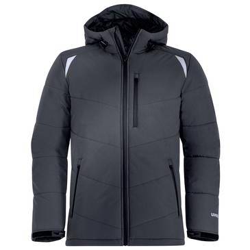 Giacca invernale grigio scuro con cappuccio, chiusura a cerniera frontale, isolamento trapuntato e dettagli riflettenti sulle spalle.