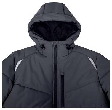 Giacca invernale grigio scuro con cappuccio, cerniera frontale e dettagli riflettenti sulle spalle su sfondo bianco.