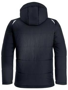 Giacca piumino con cappuccio blu navy scuro mostrata da dietro, con trapuntatura orizzontale e accenti bianchi sulle spalle su uno sfondo bianco neutro.