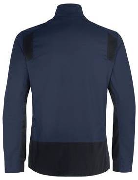 Vista posteriore di una felpa con mezza zip navy a maniche lunghe con pannelli neri alle spalle e all'orlo inferiore, mostrata su sfondo bianco.