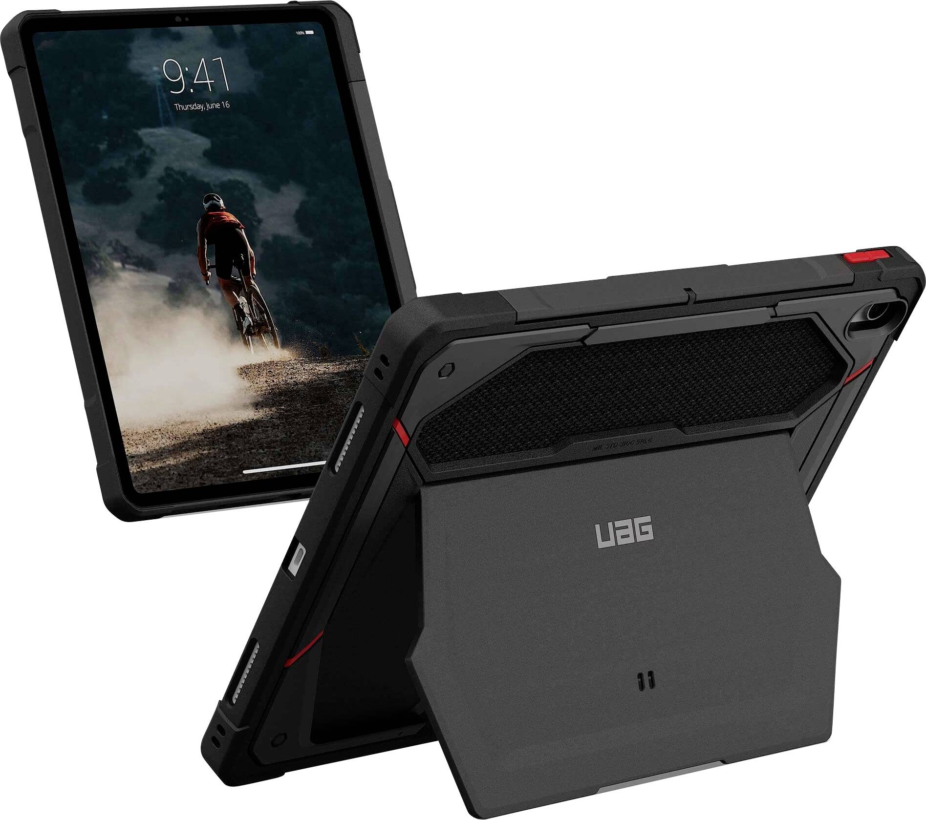 Custodia per tablet UAG resistente nera con cavalletto integrato, mostrata aperta in orientamento verticale e orizzontale su un tablet con sfondo di ciclista.