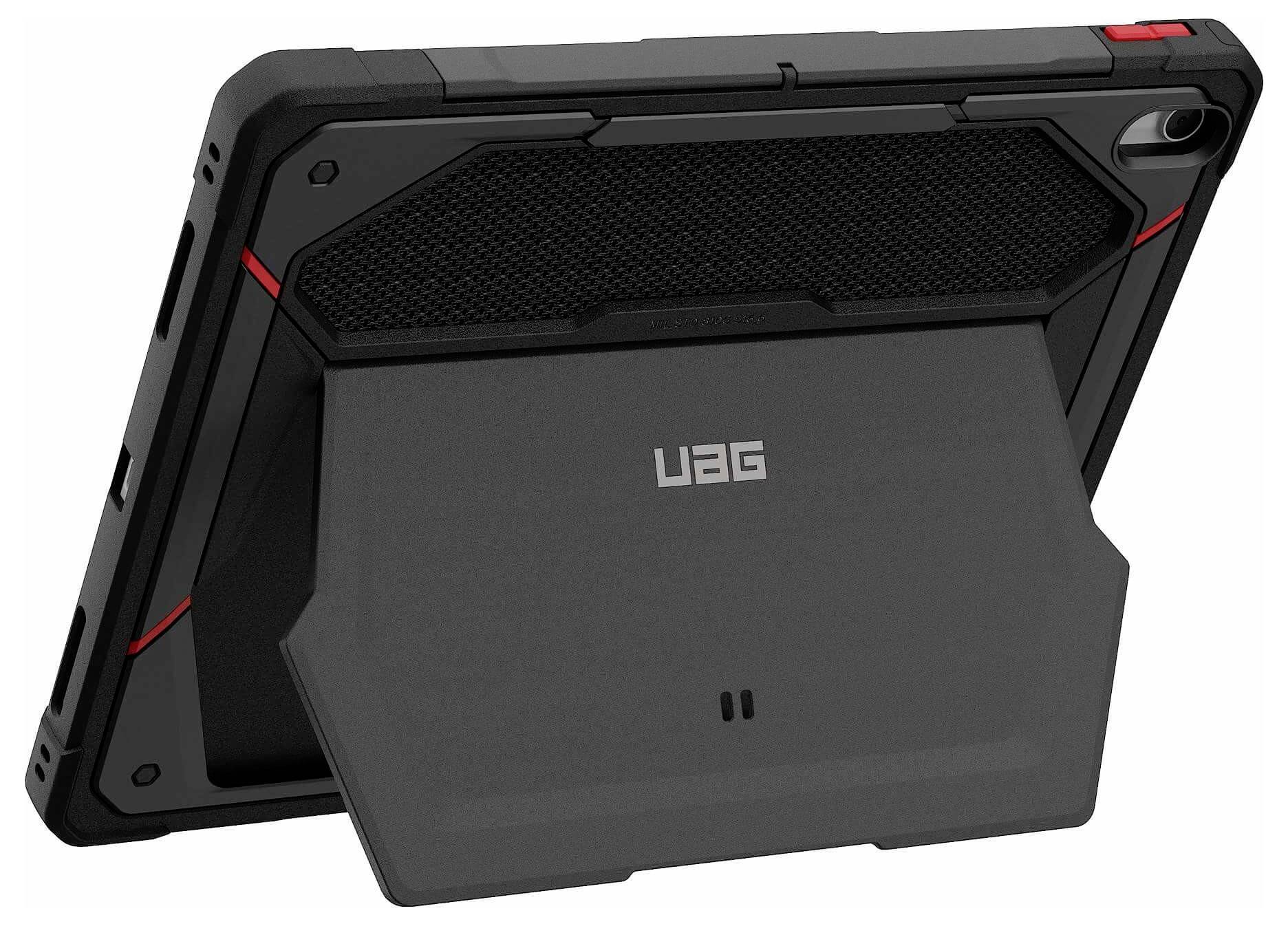 Custodia per tablet robusta nera con supporto posteriore integrato, mostrata in orientamento orizzontale su sfondo bianco.
