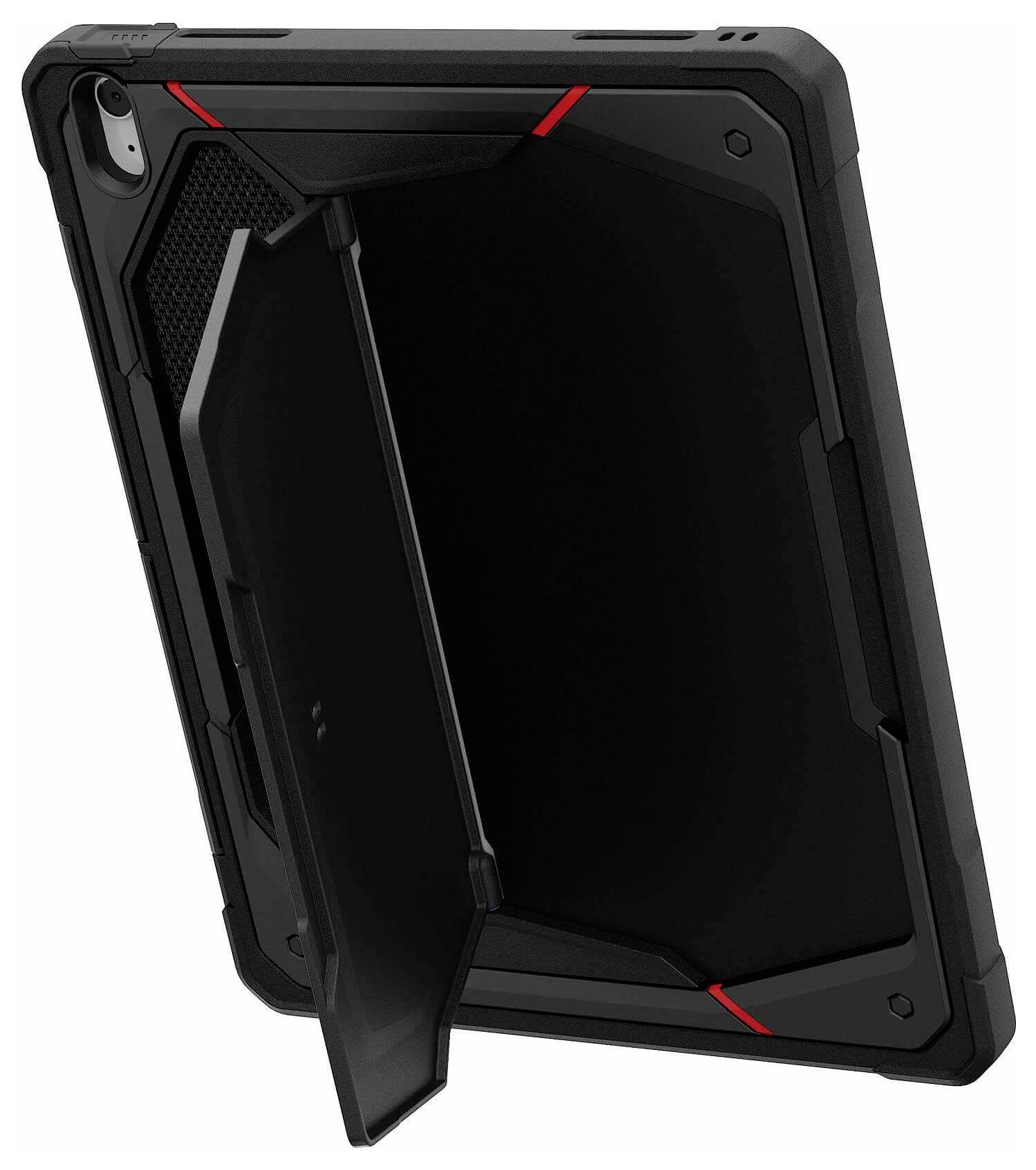 Custodia robusta per tablet nera con supporto integrato, mostrata aperta su sfondo bianco.