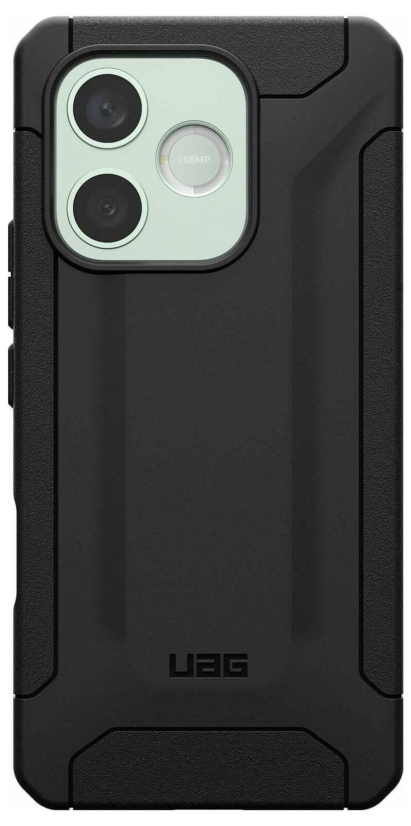 Custodia smartphone UAG nera con ritaglio per fotocamera posteriore a triplo obiettivo e design protettivo robusto.