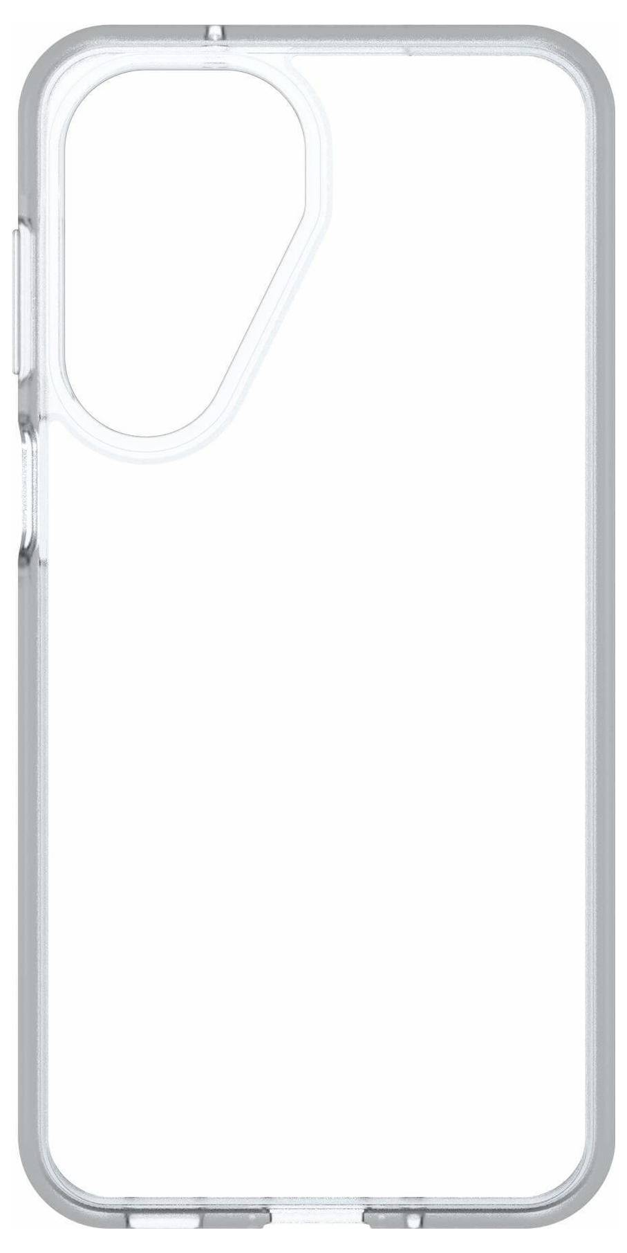Custodia trasparente per telefono visualizzata da dietro, con ritaglio della fotocamera rialzato e bumper sottile con bordo argentato.