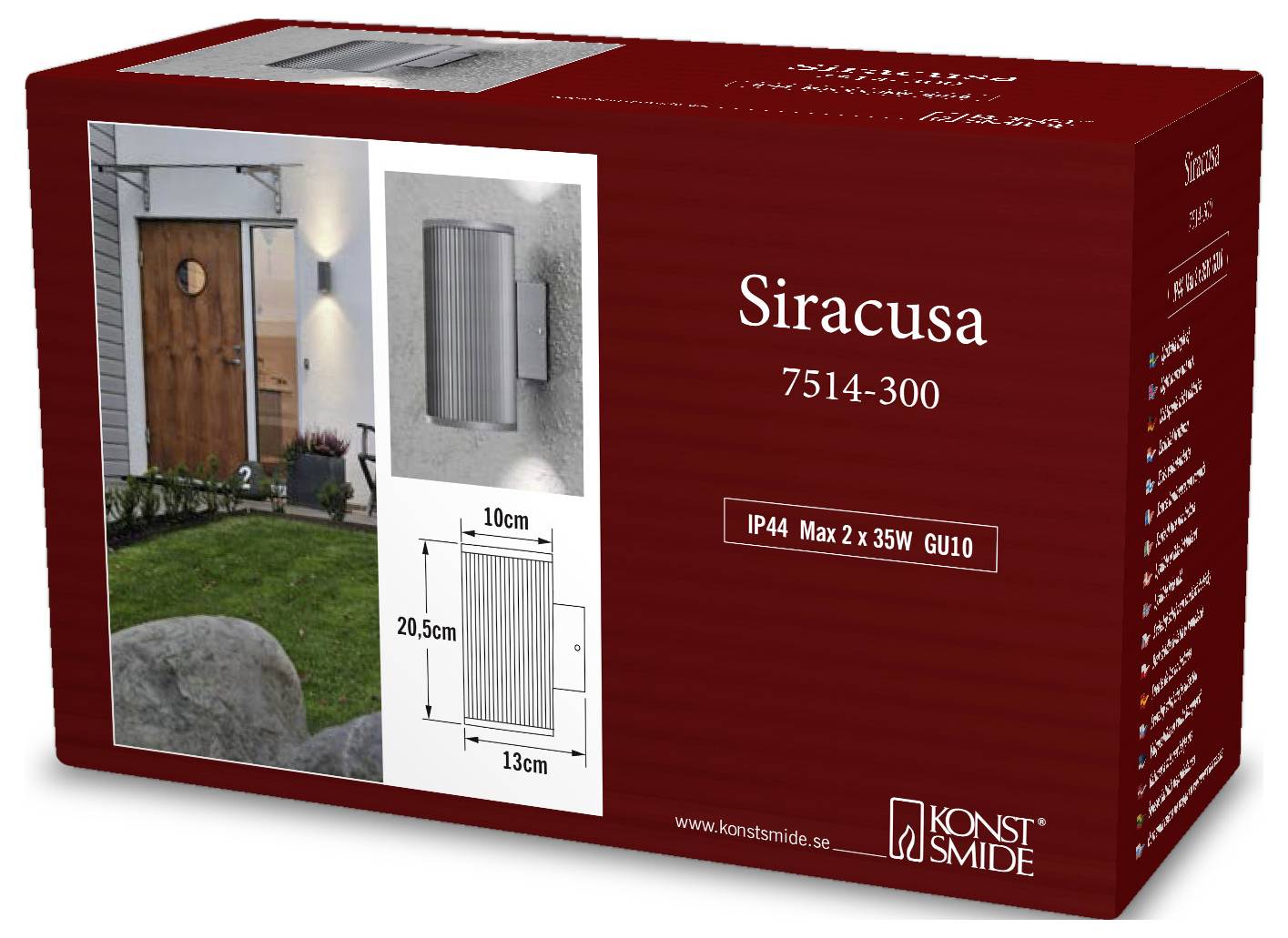 Scatola prodotto rossa per lampada da parete 'Siracusa', modello 7514-300, con foto, dimensioni 10 cm per 20,5 cm per 13 cm, e IP44 Max 2 x 35W GU10.