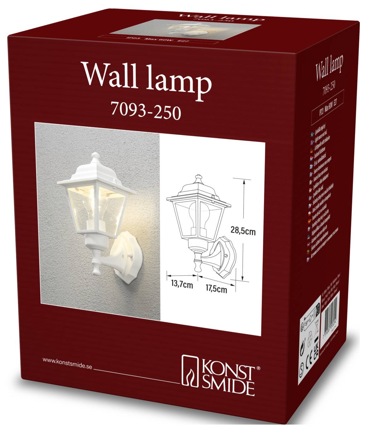 Lampada da parete modello 7093-250, con lanterna bianca in stile classico e dimensioni: 28,5 cm di altezza, 13,7 cm di larghezza, 17,5 cm di profondità.
