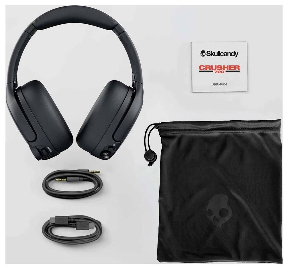 Cuffie Skullcandy Crusher ANC con guida utente, due cavi e una custodia da trasporto disposti su uno sfondo bianco.