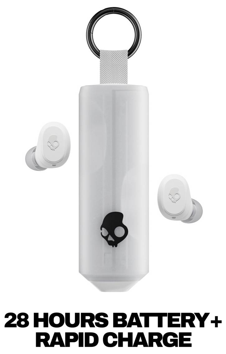 Auricolari wireless bianchi con custodia di ricarica e testo "28 ORE BATTERIA+ RICARICA RAPIDA" sottostante.