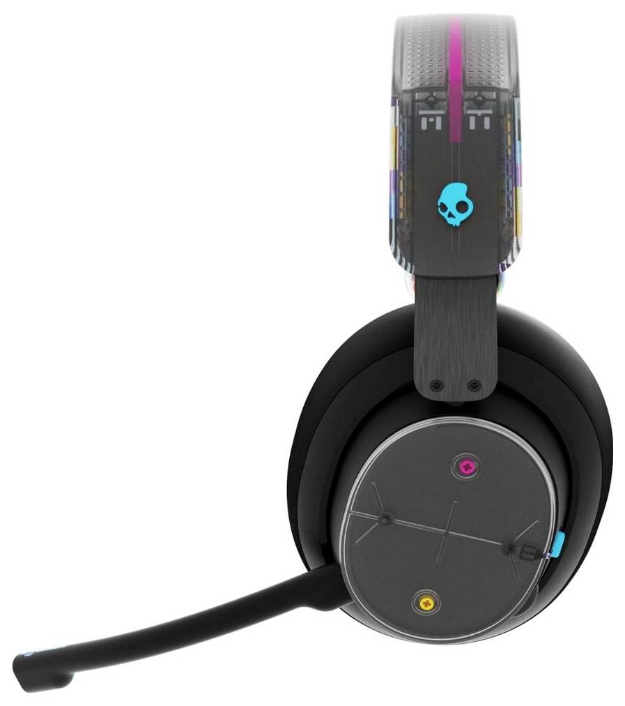 Primo piano di un auricolare da gioco nero over-ear con microfono boom incorporato e accenti illuminati su sfondo bianco.