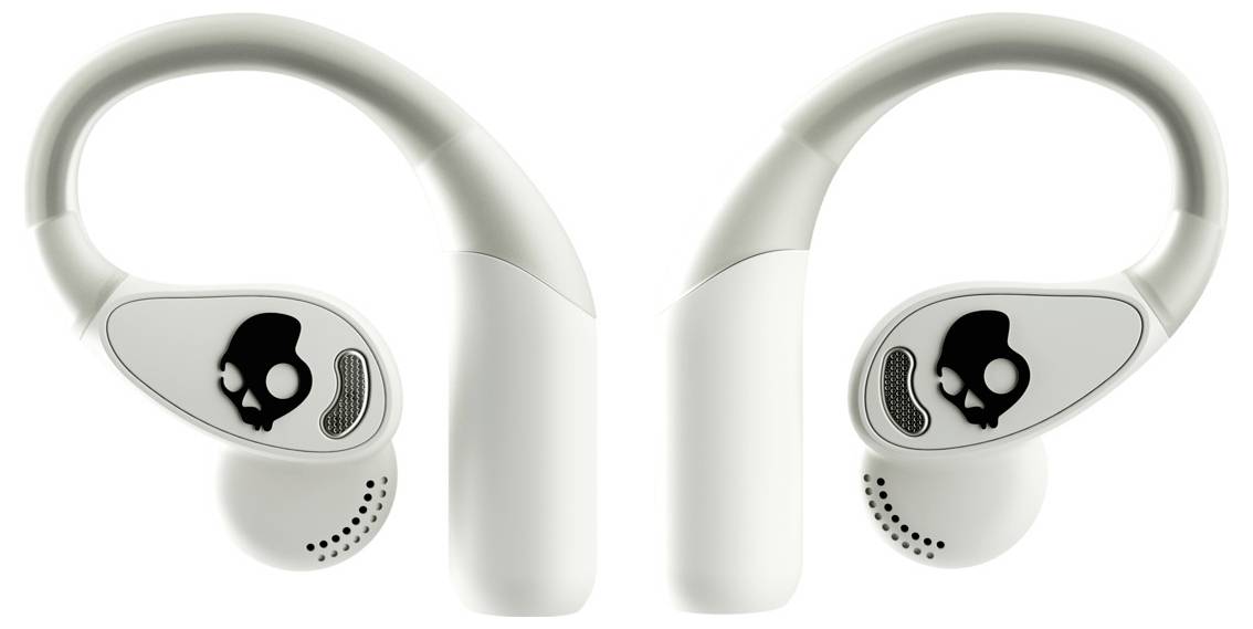 Coppia di auricolari wireless bianchi mostrati in vista frontale, con un logo teschio su ogni auricolare