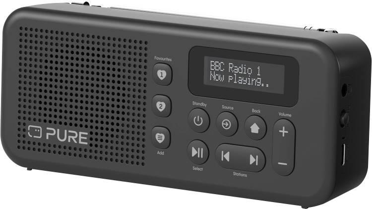 Radio digitale PURE portatile nera con griglia altoparlante, display LCD che mostra "BBC Radio 1 Now Playing..." e controlli per preset, volume e riproduzione.