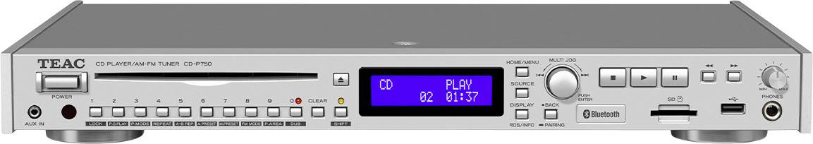 Vista frontale di un lettore CD/sintonizzatore AM TEAC con display che mostra la riproduzione di CD, traccia 02, tempo trascorso 01:37, e file di pulsanti di controllo e manopole.