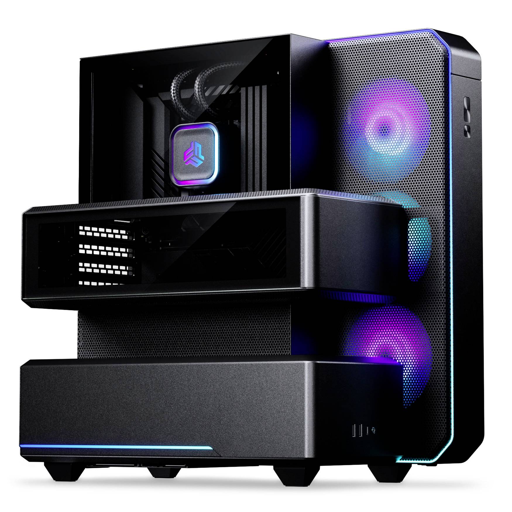 Torre per PC gaming desktop stilizzata con ventole frontali e laterali illuminate RGB, custodia nera e scomparto display trasparente sulla parte anteriore.