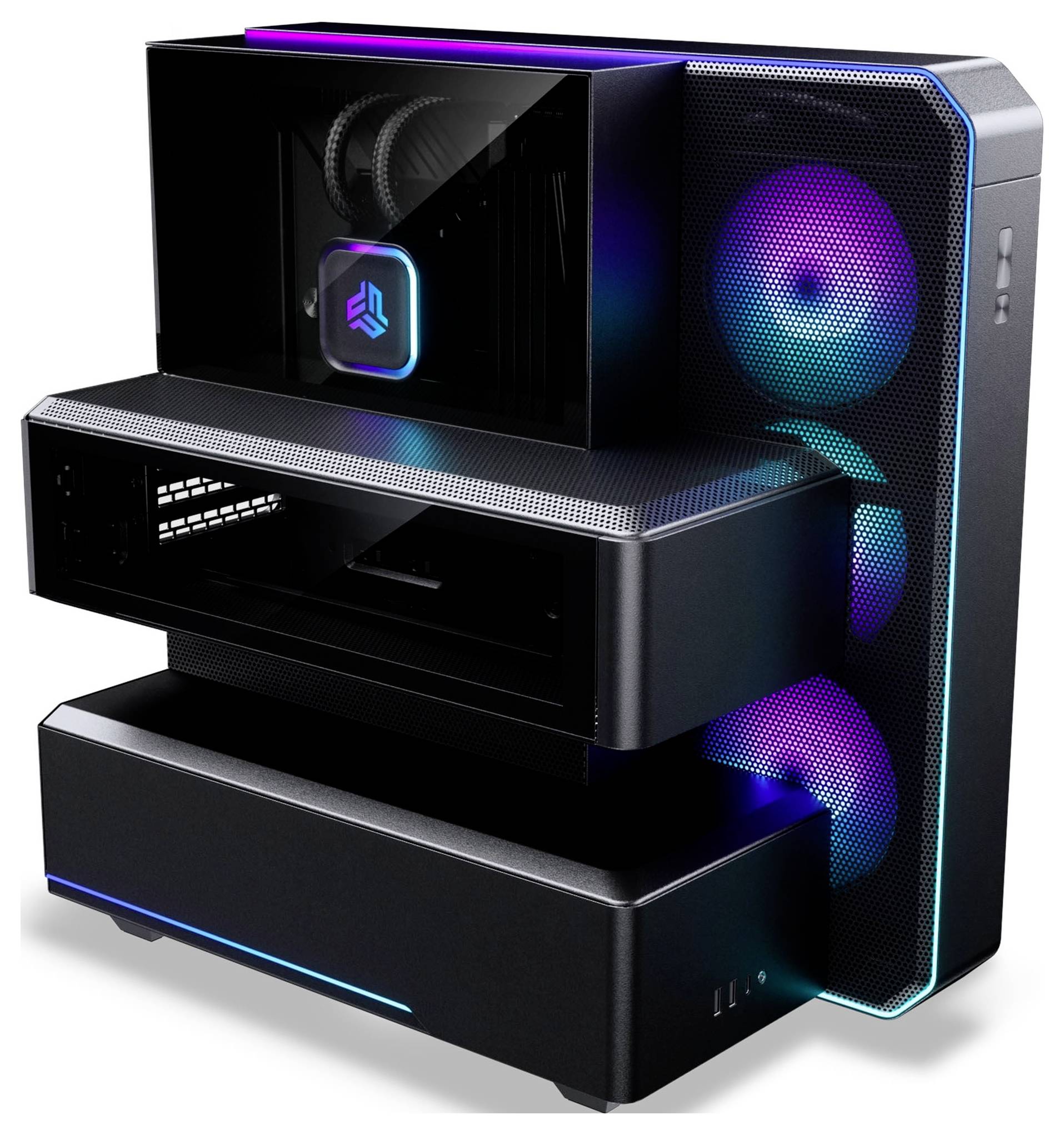 Una torre per PC da gaming nera futuristica con pannelli trasparenti e ventole di raffreddamento illuminate a RGB, mostrata in un design a strati e modulare.