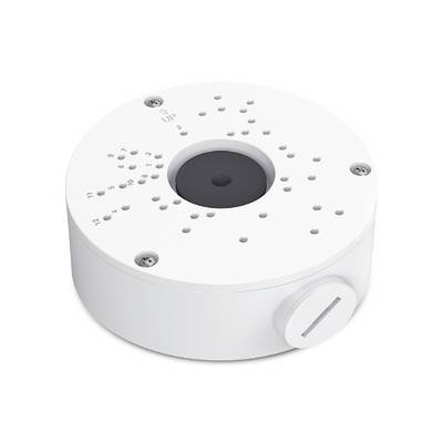 Sensore circolare bianco per soffitto o rilevatore di fumo con parte superiore traforata, apertura centrale scura e manopola di regolazione laterale su uno sfondo neutro.