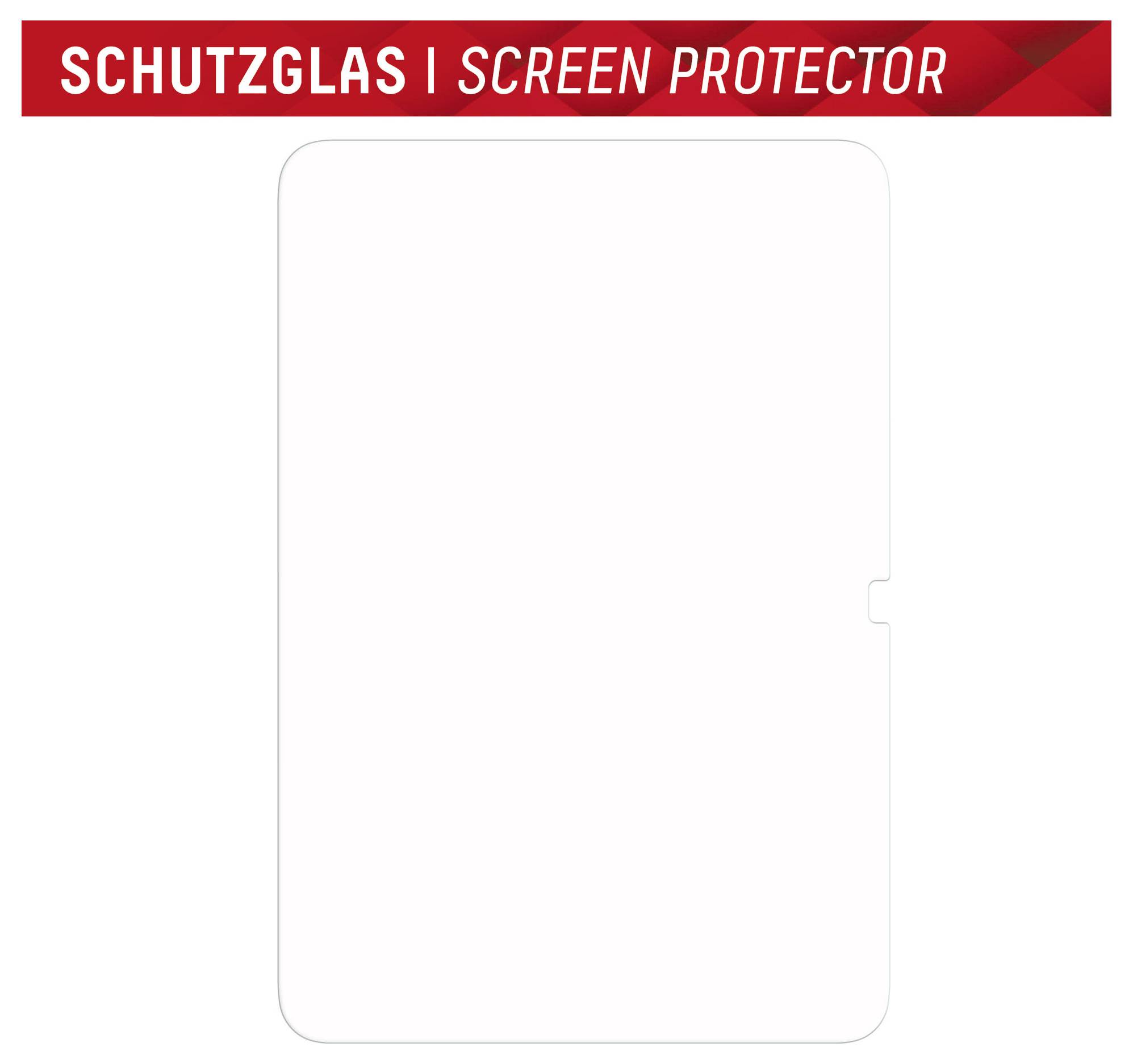Pellicola protettiva per schermo bianca con angoli arrotondati e una piccola linguetta laterale, etichettata 'SCHUTZGLAS | SCREEN PROTECTOR' su un nastro rosso.